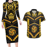 Custom Polynesia Beach Volleyball Couples Matching Long Sleeve Bodycon Dress and Hawaiian Shirt Gold Polynesian Tribal Pattern LT05 Gold - Polynesian Pride