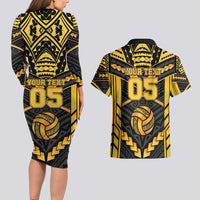 Custom Polynesia Beach Volleyball Couples Matching Long Sleeve Bodycon Dress and Hawaiian Shirt Gold Polynesian Tribal Pattern - Polynesian Pride