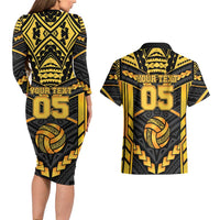 Custom Polynesia Beach Volleyball Couples Matching Long Sleeve Bodycon Dress and Hawaiian Shirt Gold Polynesian Tribal Pattern LT05 - Polynesian Pride