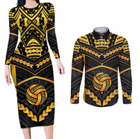 Custom Polynesia Beach Volleyball Couples Matching Long Sleeve Bodycon Dress and Long Sleeve Button Shirt Gold Polynesian Tribal Pattern LT05 Gold - Polynesian Pride