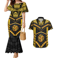 Custom Polynesia Beach Volleyball Couples Matching Mermaid Dress and Hawaiian Shirt Gold Polynesian Tribal Pattern LT05 Gold - Polynesian Pride