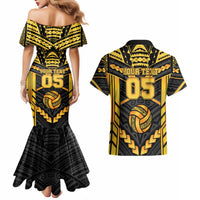 Custom Polynesia Beach Volleyball Couples Matching Mermaid Dress and Hawaiian Shirt Gold Polynesian Tribal Pattern LT05 - Polynesian Pride