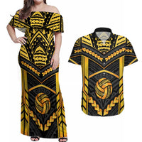 Custom Polynesia Beach Volleyball Couples Matching Off Shoulder Maxi Dress and Hawaiian Shirt Gold Polynesian Tribal Pattern LT05 Gold - Polynesian Pride