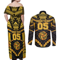 Custom Polynesia Beach Volleyball Couples Matching Off Shoulder Maxi Dress and Long Sleeve Button Shirt Gold Polynesian Tribal Pattern LT05 - Polynesian Pride