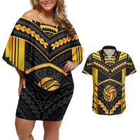 Custom Polynesia Beach Volleyball Couples Matching Off Shoulder Short Dress and Hawaiian Shirt Gold Polynesian Tribal Pattern LT05 Gold - Polynesian Pride