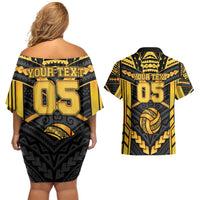 Custom Polynesia Beach Volleyball Couples Matching Off Shoulder Short Dress and Hawaiian Shirt Gold Polynesian Tribal Pattern - Polynesian Pride