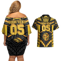Custom Polynesia Beach Volleyball Couples Matching Off Shoulder Short Dress and Hawaiian Shirt Gold Polynesian Tribal Pattern LT05 - Polynesian Pride