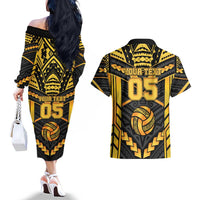 Custom Polynesia Beach Volleyball Couples Matching Off The Shoulder Long Sleeve Dress and Hawaiian Shirt Gold Polynesian Tribal Pattern LT05 - Polynesian Pride
