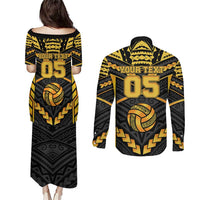 Custom Polynesia Beach Volleyball Couples Matching Puletasi and Long Sleeve Button Shirt Gold Polynesian Tribal Pattern LT05 - Polynesian Pride