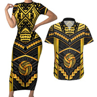 Custom Polynesia Beach Volleyball Couples Matching Short Sleeve Bodycon Dress and Hawaiian Shirt Gold Polynesian Tribal Pattern LT05 Gold - Polynesian Pride