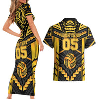 Custom Polynesia Beach Volleyball Couples Matching Short Sleeve Bodycon Dress and Hawaiian Shirt Gold Polynesian Tribal Pattern LT05 - Polynesian Pride