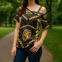Custom Polynesia Beach Volleyball Cross Shoulder Shirt Gold Polynesian Tribal Pattern LT05 - Polynesian Pride