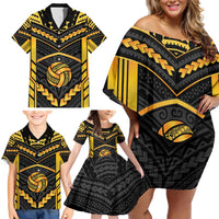 Custom Polynesia Beach Volleyball Family Matching Off Shoulder Short Dress and Hawaiian Shirt Gold Polynesian Tribal Pattern - Polynesian Pride