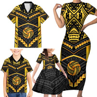 Custom Polynesia Beach Volleyball Family Matching Short Sleeve Bodycon Dress and Hawaiian Shirt Gold Polynesian Tribal Pattern - Polynesian Pride