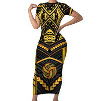 Custom Polynesia Beach Volleyball Family Matching Short Sleeve Bodycon Dress and Hawaiian Shirt Gold Polynesian Tribal Pattern - Polynesian Pride