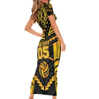 Custom Polynesia Beach Volleyball Family Matching Short Sleeve Bodycon Dress and Hawaiian Shirt Gold Polynesian Tribal Pattern - Polynesian Pride