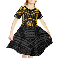 Custom Polynesia Beach Volleyball Kid Short Sleeve Dress Gold Polynesian Tribal Pattern LT05 - Polynesian Pride