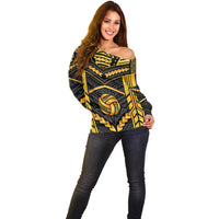 Custom Polynesia Beach Volleyball Off Shoulder Sweater Gold Polynesian Tribal Pattern - Polynesian Pride