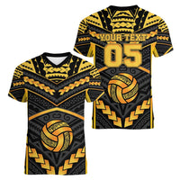 Custom Polynesia Beach Volleyball Women V-Neck T-Shirt Gold Polynesian Tribal Pattern - Polynesian Pride