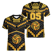 Custom Polynesia Beach Volleyball Women V-Neck T-Shirt Gold Polynesian Tribal Pattern LT05 - Polynesian Pride