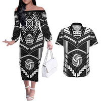 Custom Polynesia Beach Volleyball Couples Matching Off The Shoulder Long Sleeve Dress and Hawaiian Shirt Polynesian Tribal Pattern LT05 Black - Polynesian Pride