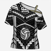 Custom Polynesia Beach Volleyball Cross Shoulder Shirt Polynesian Tribal Pattern LT05 Female Black - Polynesian Pride