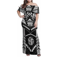Custom Polynesia Beach Volleyball Family Matching Off Shoulder Maxi Dress and Hawaiian Shirt Polynesian Tribal Pattern LT05 Mom's Dress Black - Polynesian Pride