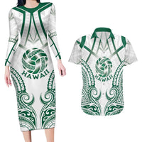 Custom Hawaii Volleyball Couples Matching Long Sleeve Bodycon Dress and Hawaiian Shirt Polynesian Pattern LT05 Teal - Polynesian Pride