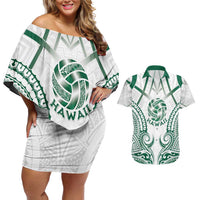 Custom Hawaii Volleyball Couples Matching Off Shoulder Short Dress and Hawaiian Shirt Polynesian Pattern LT05 Teal - Polynesian Pride
