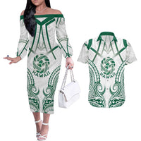 Custom Hawaii Volleyball Couples Matching Off The Shoulder Long Sleeve Dress and Hawaiian Shirt Polynesian Pattern LT05 Teal - Polynesian Pride