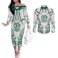 Custom Hawaii Volleyball Couples Matching Off The Shoulder Long Sleeve Dress and Long Sleeve Button Shirt Polynesian Pattern LT05 Teal - Polynesian Pride