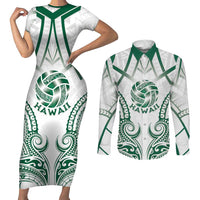 Custom Hawaii Volleyball Couples Matching Short Sleeve Bodycon Dress and Long Sleeve Button Shirt Polynesian Pattern LT05 Teal - Polynesian Pride