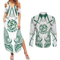 Custom Hawaii Volleyball Couples Matching Summer Maxi Dress and Long Sleeve Button Shirt Polynesian Pattern LT05 Teal - Polynesian Pride