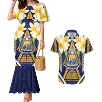 Personalised Nauru Independence Day Couples Matching Mermaid Dress and Hawaiian Shirt Coat Of Arms With Plumeria - Polynesian Pride