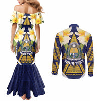 Personalised Nauru Independence Day Couples Matching Mermaid Dress and Long Sleeve Button Shirt Coat Of Arms With Plumeria - Polynesian Pride