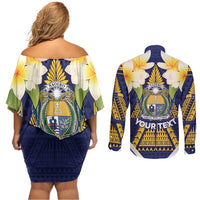 Personalised Nauru Independence Day Couples Matching Off Shoulder Short Dress and Long Sleeve Button Shirt Coat Of Arms With Plumeria - Polynesian Pride