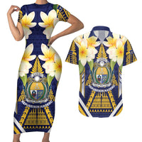 Personalised Nauru Independence Day Couples Matching Short Sleeve Bodycon Dress and Hawaiian Shirt Coat Of Arms With Plumeria - Polynesian Pride