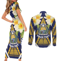 Personalised Nauru Independence Day Couples Matching Short Sleeve Bodycon Dress and Long Sleeve Button Shirt Coat Of Arms With Plumeria - Polynesian Pride