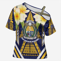 Personalised Nauru Independence Day Cross Shoulder Shirt Coat Of Arms With Plumeria LT05 Female Navy - Polynesian Pride