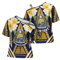 Personalised Nauru Independence Day Cross Shoulder Shirt Coat Of Arms With Plumeria LT05 - Polynesian Pride