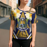 Personalised Nauru Independence Day Cross Shoulder Shirt Coat Of Arms With Plumeria LT05 - Polynesian Pride