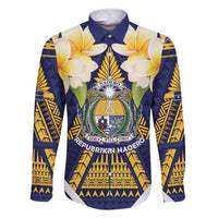 Personalised Nauru Independence Day Family Matching Long Sleeve Bodycon Dress and Hawaiian Shirt Coat Of Arms With Plumeria - Polynesian Pride
