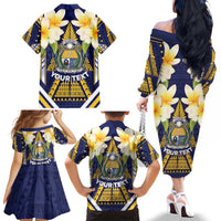 Personalised Nauru Independence Day Family Matching Off The Shoulder Long Sleeve Dress and Hawaiian Shirt Coat Of Arms With Plumeria - Polynesian Pride