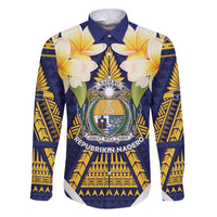 Personalised Nauru Independence Day Family Matching Off The Shoulder Long Sleeve Dress and Hawaiian Shirt Coat Of Arms With Plumeria - Polynesian Pride
