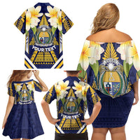 Personalised Nauru Independence Day Family Matching Off Shoulder Short Dress and Hawaiian Shirt Coat Of Arms With Plumeria - Polynesian Pride