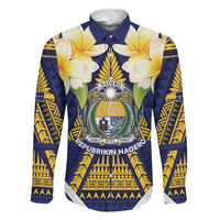 Personalised Nauru Independence Day Family Matching Off Shoulder Short Dress and Hawaiian Shirt Coat Of Arms With Plumeria - Polynesian Pride