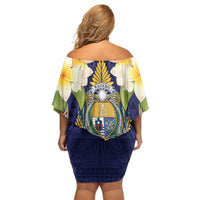 Personalised Nauru Independence Day Family Matching Off Shoulder Short Dress and Hawaiian Shirt Coat Of Arms With Plumeria - Polynesian Pride