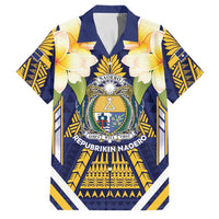 Personalised Nauru Independence Day Family Matching Short Sleeve Bodycon Dress and Hawaiian Shirt Coat Of Arms With Plumeria - Polynesian Pride