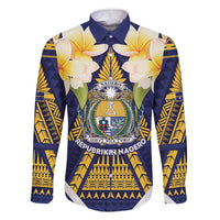 Personalised Nauru Independence Day Family Matching Short Sleeve Bodycon Dress and Hawaiian Shirt Coat Of Arms With Plumeria - Polynesian Pride