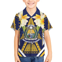 Personalised Nauru Independence Day Family Matching Short Sleeve Bodycon Dress and Hawaiian Shirt Coat Of Arms With Plumeria - Polynesian Pride